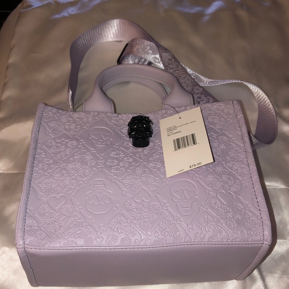 Betsey Johnson XOOLIVE Lilac Embossed Skull Satchel Crossbody Bag Purse NWT - Picture 2 of 15